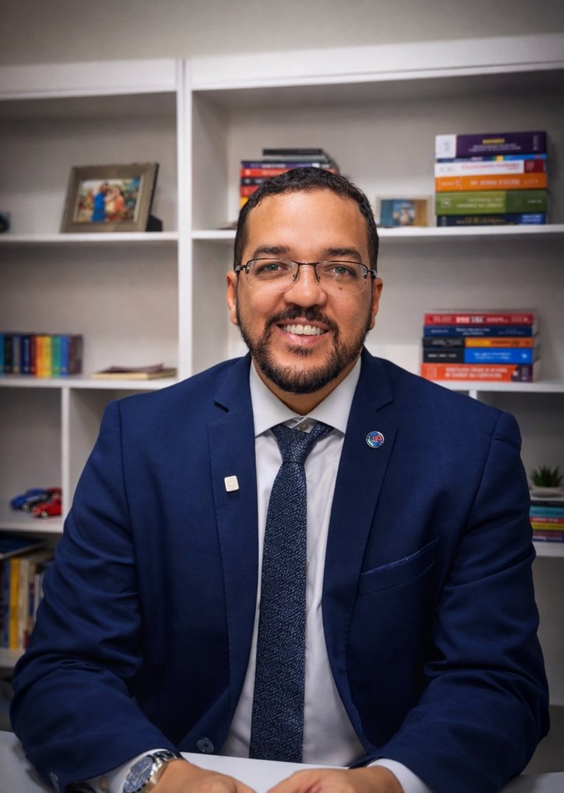 Cadu Silva, advogado, sorrindo, de terno azul-marinho, diante de uma estante de livros